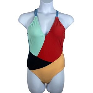 NWT Cupshe One Piece Swim Suit Size Large Strappy Colorblock Red Blue V-Neck